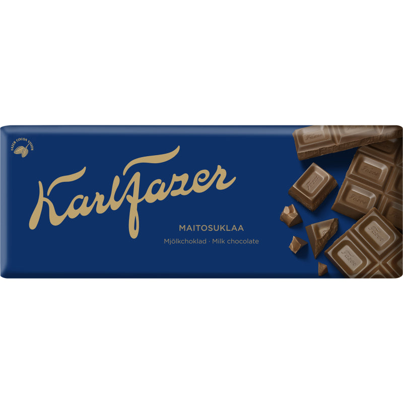 A blue and gold Fazer wrapper displays creamy chocolate squares and the words "Maitosuklaa" and "Milk chocolate"—highlighting Fazer Milk Chocolate, an iconic Finnish treat from the brand Fazer.