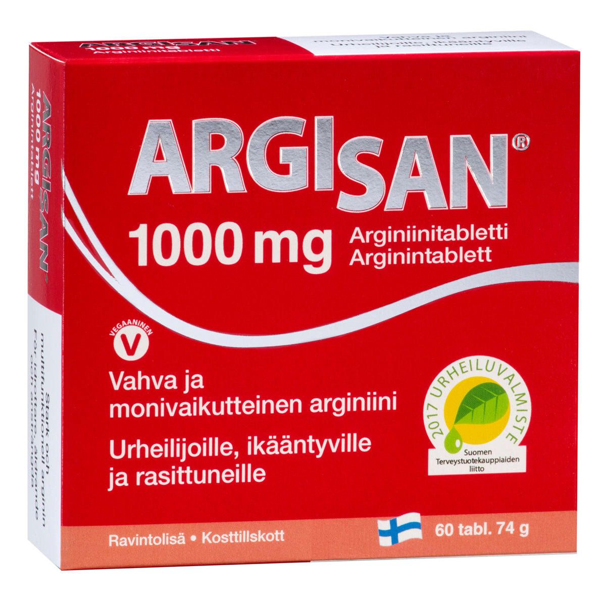 A red box of Hankintatukku Argisan 1000 mg L-arginine tablets, labeled in Finnish and Swedish, contains 60 tablets. The amino acid supplement displays a Finnish flag and a green “Sports” approval logo for energy and vitality.