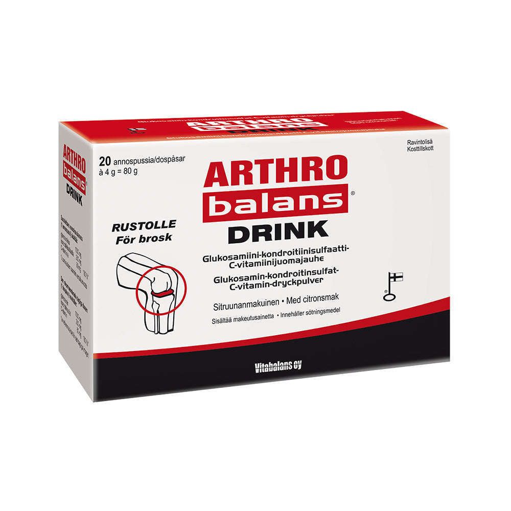 A box of Arthrobalans Drink by Vitabalans, a joint health supplement with 20 sachets. The red and white pack, featuring a joint image, has Finnish and Swedish text listing its ingredients and flavor.
