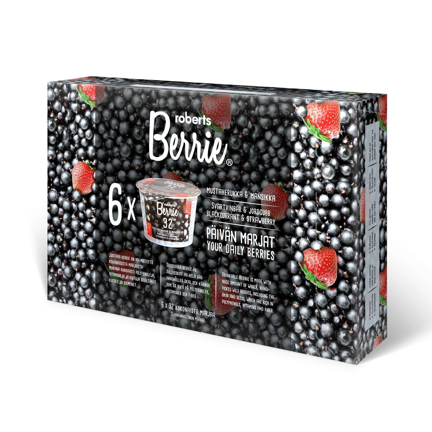 The Roberts Berrie Blackcurrant & Strawberry juice box shows blackcurrant and strawberry images on the front, states “6x,” and highlights that it’s a vitamin C rich whole berry juice.