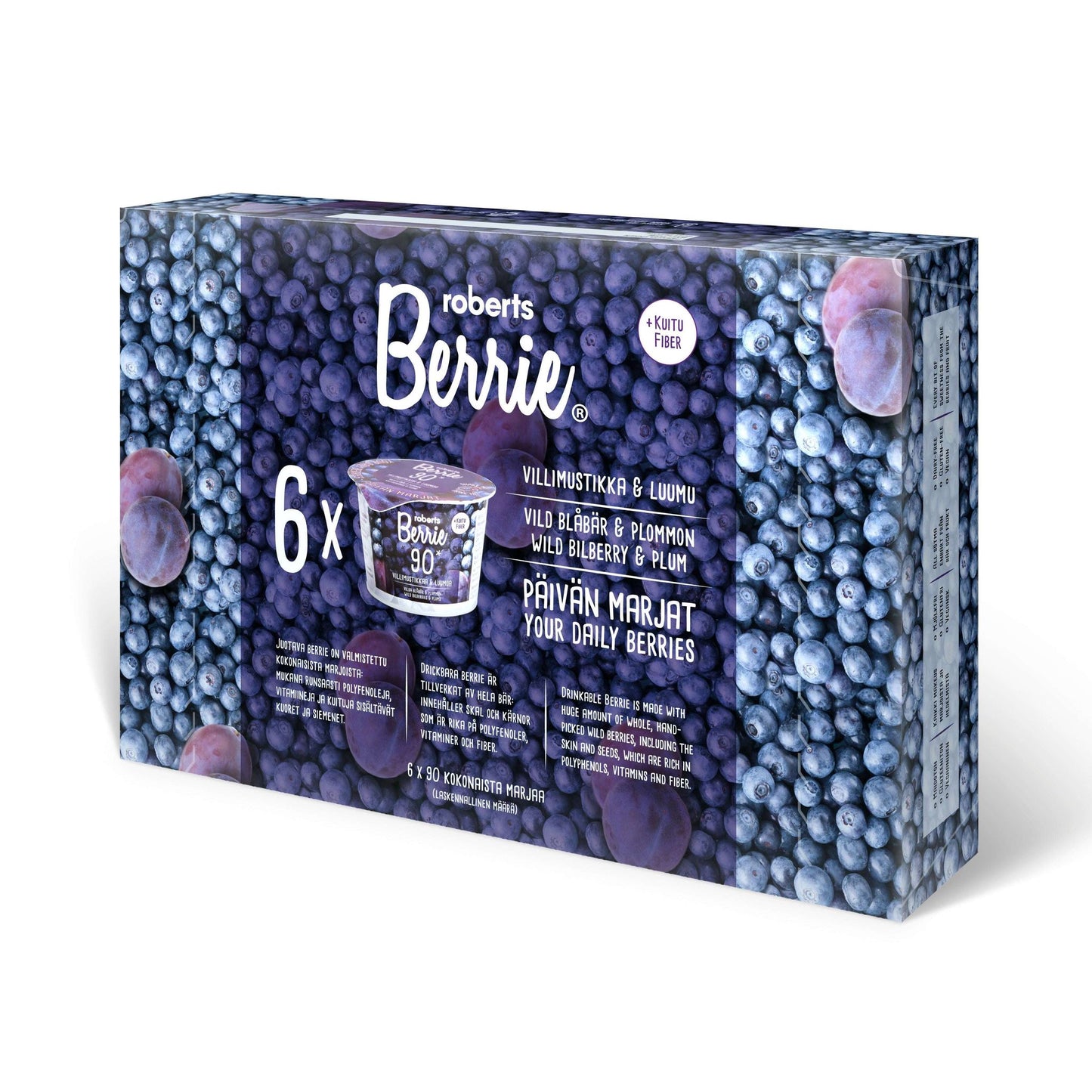 A box of Roberts Berrie Berrie+ Fiber Wild Bilberry & Plum drinks, with 6 serving cups and bilingual Finnish-English packaging, showcases this high fiber Nordic superberry beverage.