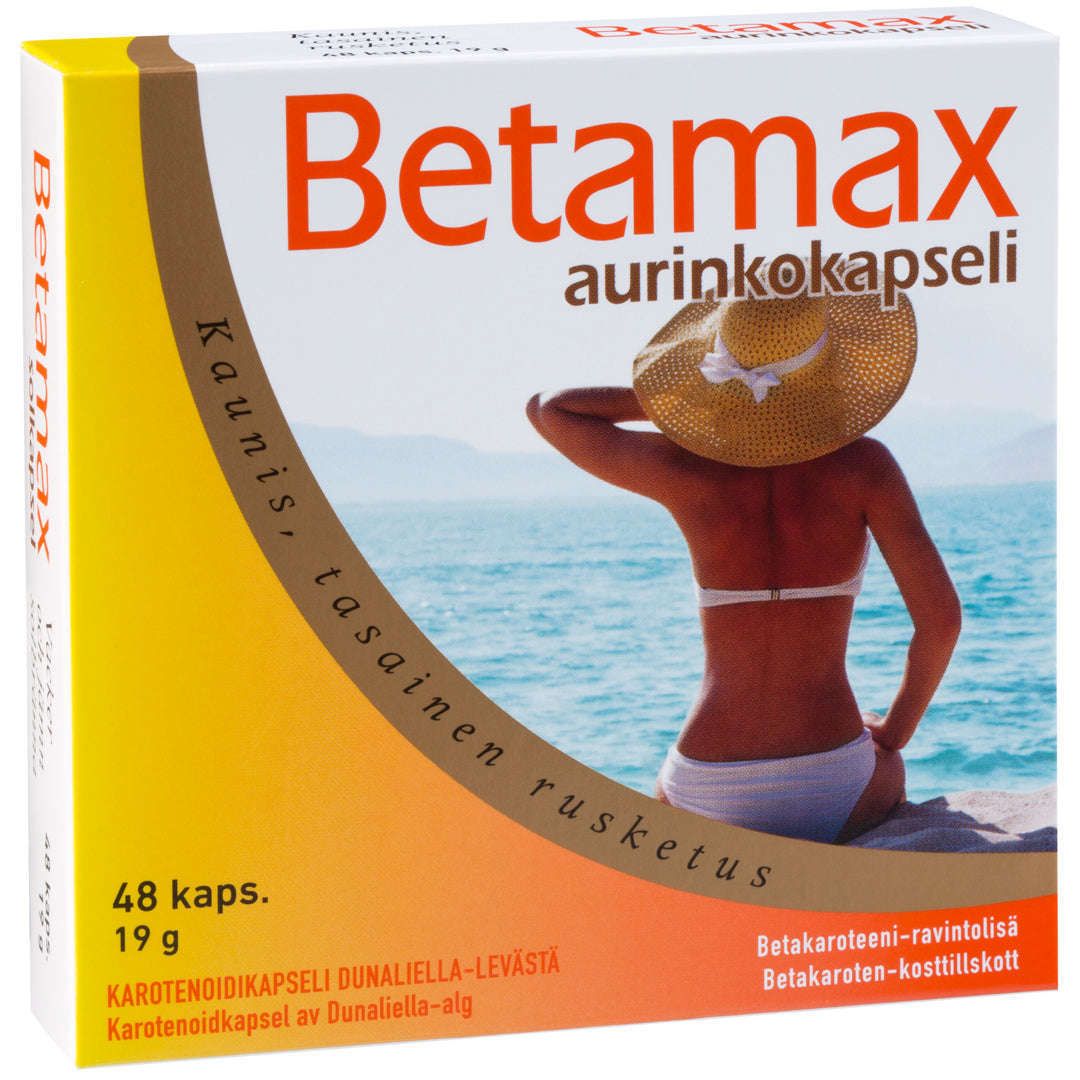 A box of Hankintatukku Betamax suntan supplement capsules, featuring a woman in a white bikini and sun hat by the blue sea. The package has orange and yellow accents and Finnish text.