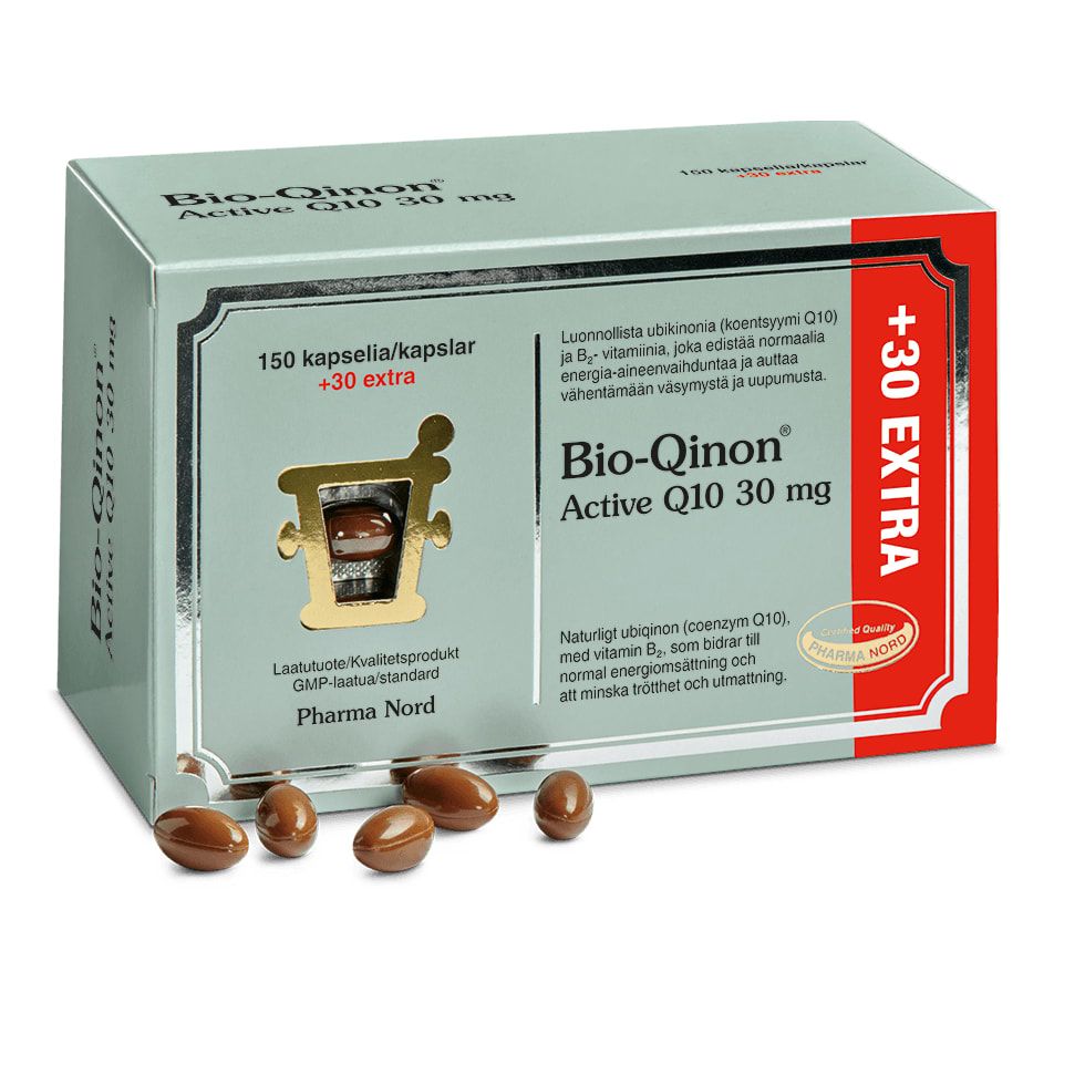 Bio-Qinon Q10, 30 mg by Pharma Nord is a dietary supplement with Coenzyme Q10 and vitamin B2. Each box contains 150 capsules plus 30 extra, shown with several brown capsules in front of the packaging.