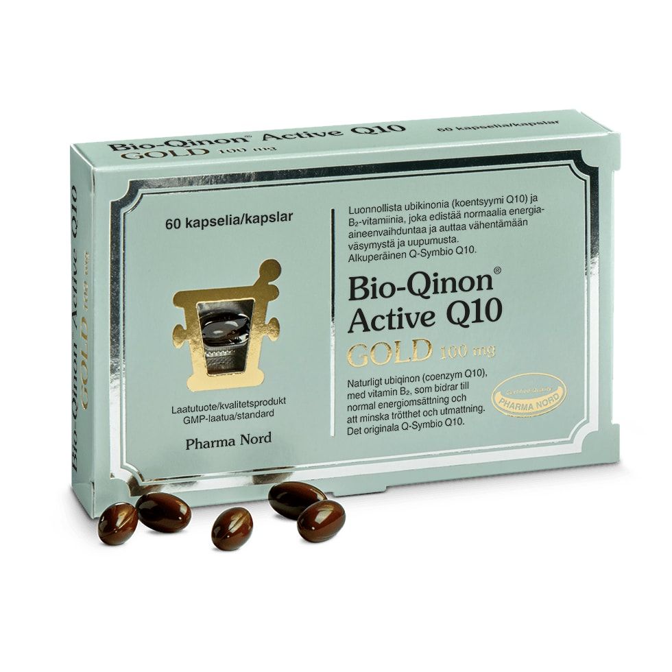 A box of Pharma Nord Bio-Qinon Q10 GOLD contains 60 Coenzyme Q10 capsules, shown with several dark brown capsules in front. The packaging is light green with gold and black text.