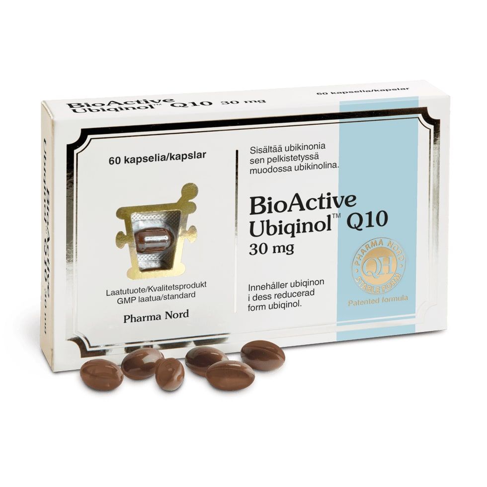 A box of Pharma Nord BioActive Ubiqinol Q10 30 mg is shown with 60 capsules in front. The packaging, labeled in several languages, indicates it contains the reduced form of coenzyme Q10.