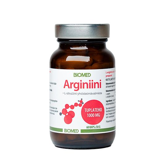 A brown glass bottle labeled Biomed Arginine by Biomed, with a silver cap, contains 60 capsules of 1000 mg L-arginine supplement. The white label displays red molecular graphics.