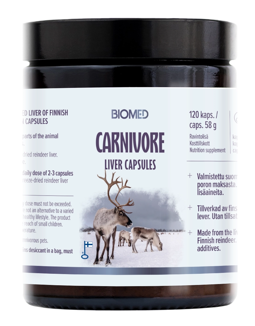 Biomed Carnivore Liver Capsules by Biomed come in a container showing reindeer in snow. This Finnish supplement contains 120 capsules of reindeer liver, a natural source of vitamin B12, with details in multiple languages.