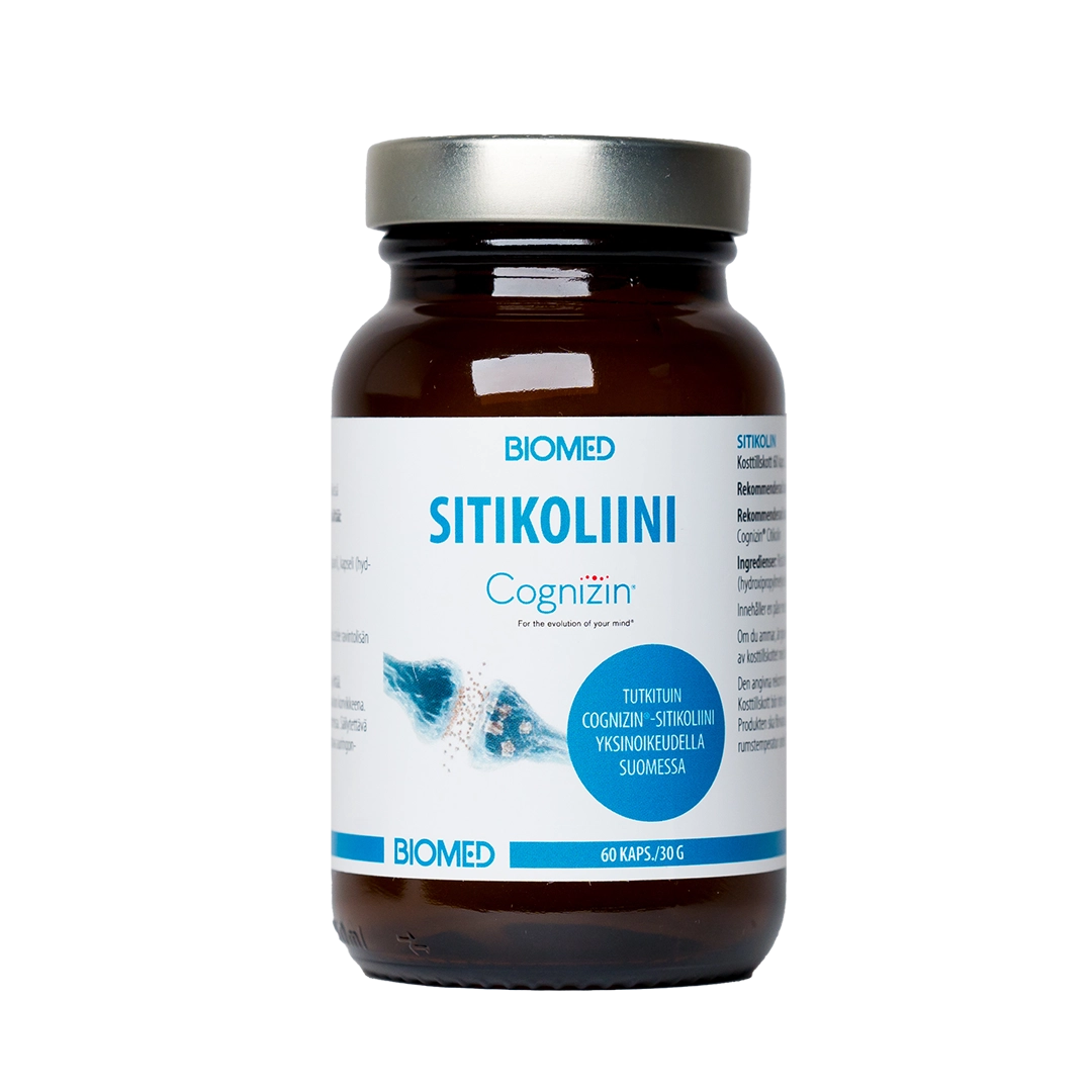 A brown glass bottle labeled Biomed Citicoline Cognizin®, containing 60 capsules for brain health. The label displays blue and white text, a water splash graphic, and additional product information in Finnish.