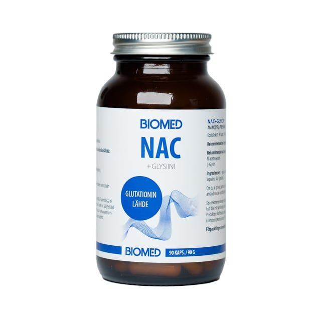 A brown bottle of Biomed NAC + Glycine dietary supplement from Biomed with a white and blue label shows Finnish text, a blue wave design, and highlights N-acetylcysteine and L-glycine. Contains 90 capsules.