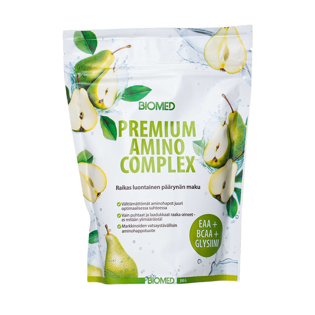 A white pouch labeled Biomed Premium Amino Complex by Biomed, featuring images of pears and water splashes. Finnish text highlights a fresh pear flavor and a recovery-focused essential amino acids blend with EAA, BCAA, and glycine.