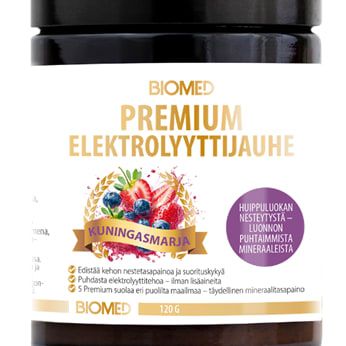 A 120g jar of Biomed Premium Electrolyte Powder Berries by Biomed, a Finnish keto-friendly hydration powder, features a colorful berry design and a purple Kuningasmarja label.