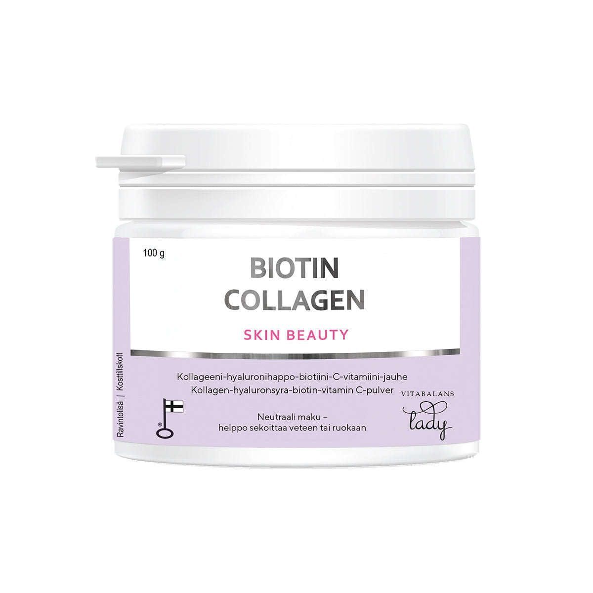A white plastic container with purple accents labeled "Biotin Collagen Skin Beauty Powder" by Vitabalans, featuring collagen peptides for skin firmness and anti-aging. The powder is designed to mix easily into food or drink.