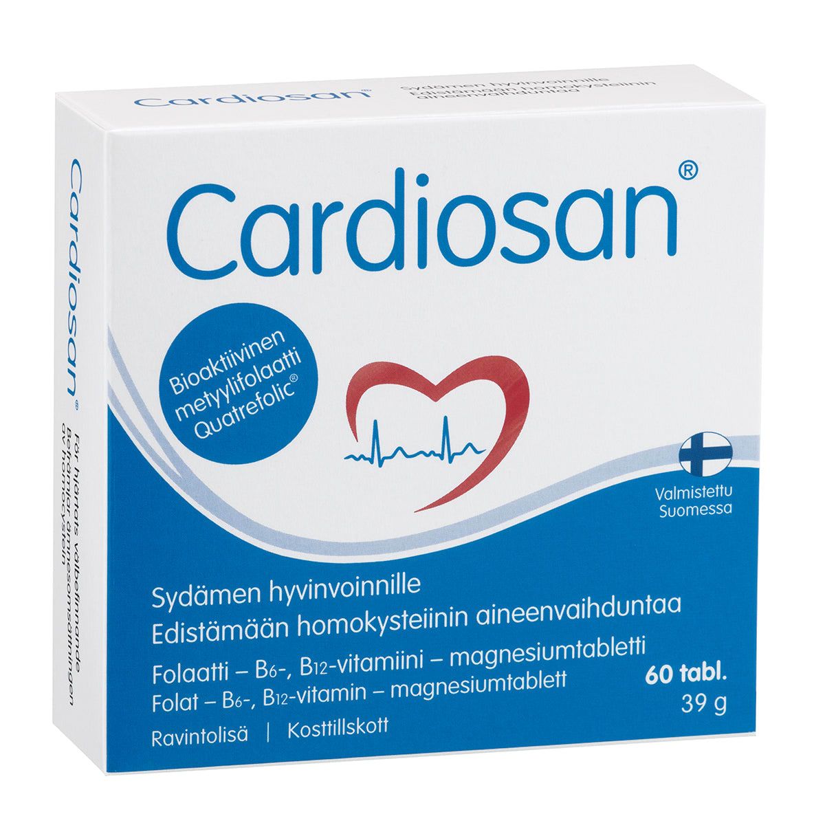 A box of Hankintatukku Cardiosan, featuring heart and ECG line graphics, contains 60 tablets to support heart health, metabolism, and homocysteine metabolism with L-methylfolate. White packaging with blue text.