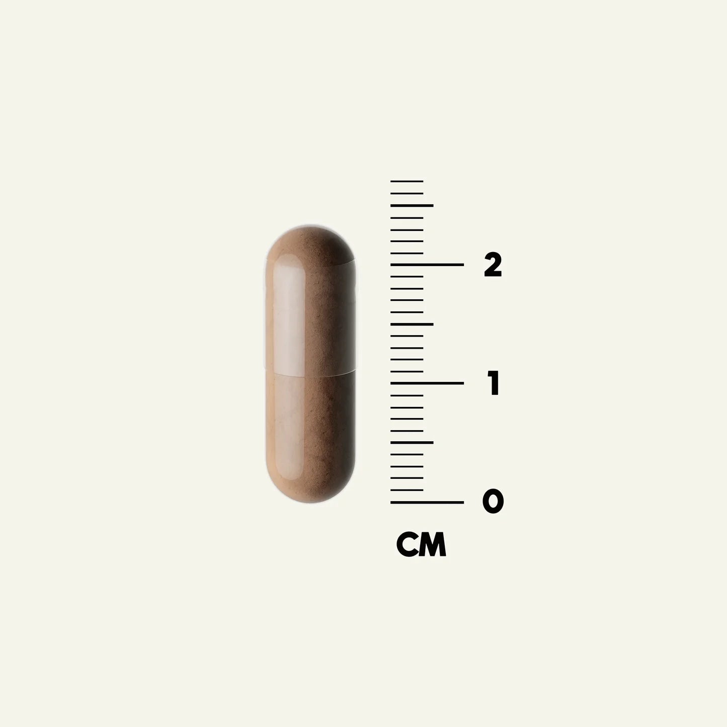 A DENSE Beef Organs for HER capsule by DENSE is shown beside a centimeter ruler, measuring just under 2 cm long on a plain light background.