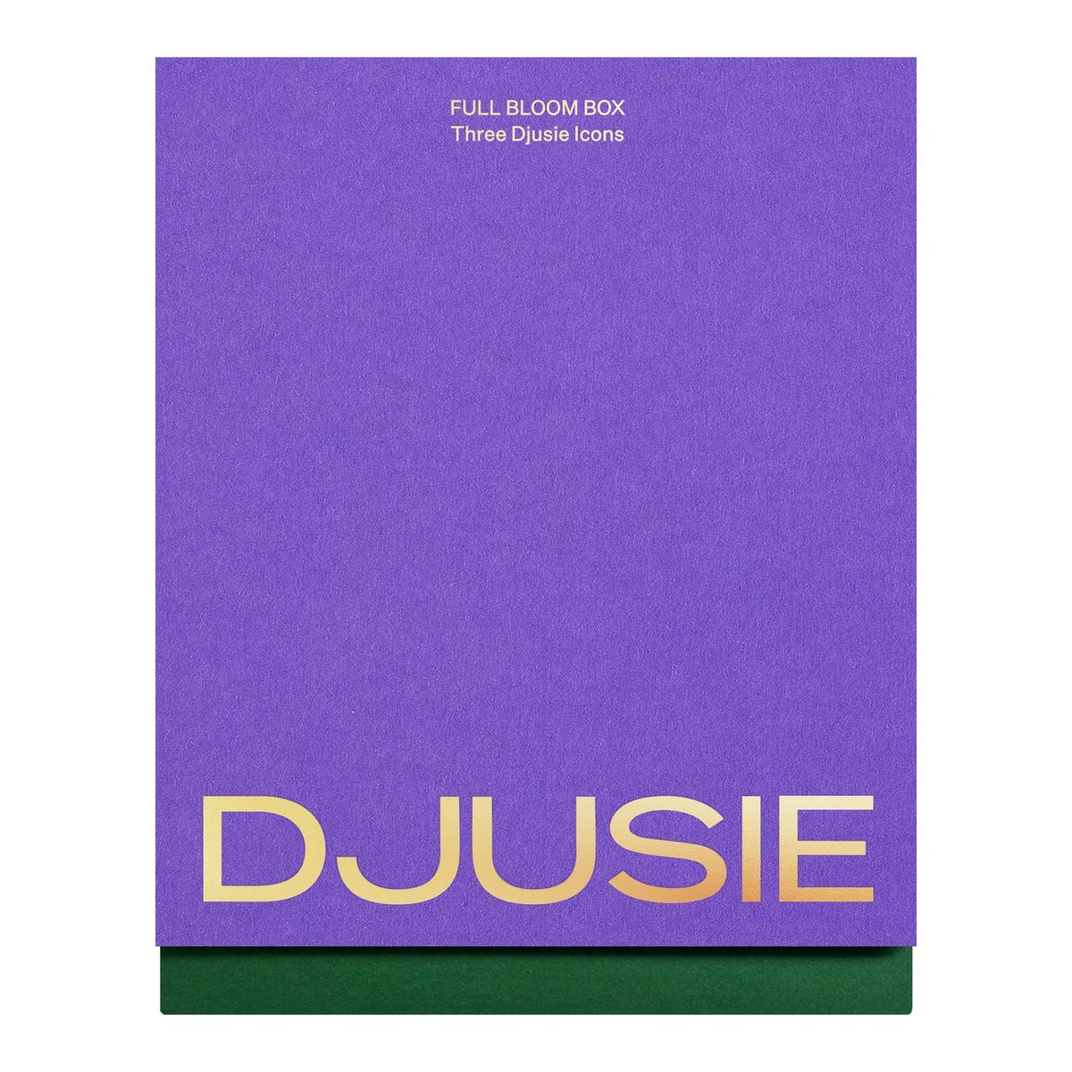 Purple DJUSIE full bloom box with gold foil lettering and a green base, shown on a white background.