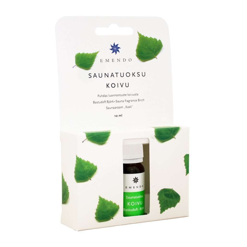 The Emendo Sauna Fragrance Birch is a 10 ml bottle offering an authentic Nordic aroma. Packaged in a white box with green birch leaves and Finnish text, the bottle is partially visible through a window.