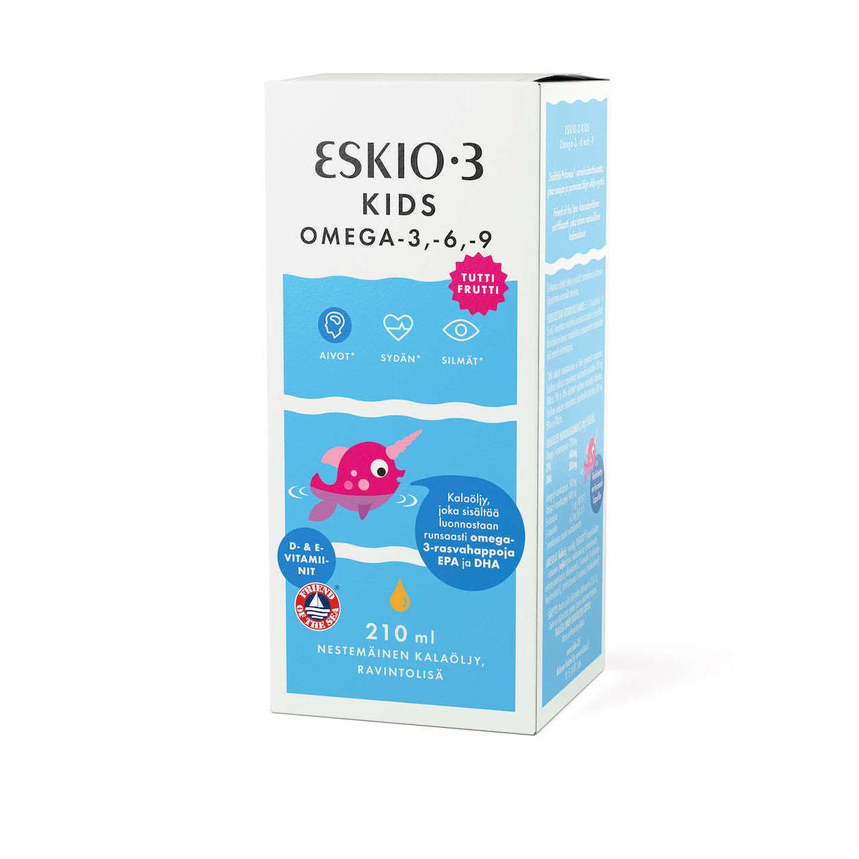 A 210ml box of Eskio-3 Kids Fish Oil Tuttifrutti by Eskio-3, featuring a cartoon pink fish, blue and white background, colorful icons, tutti frutti flavor, and PUFANOX antioxidant for added support.