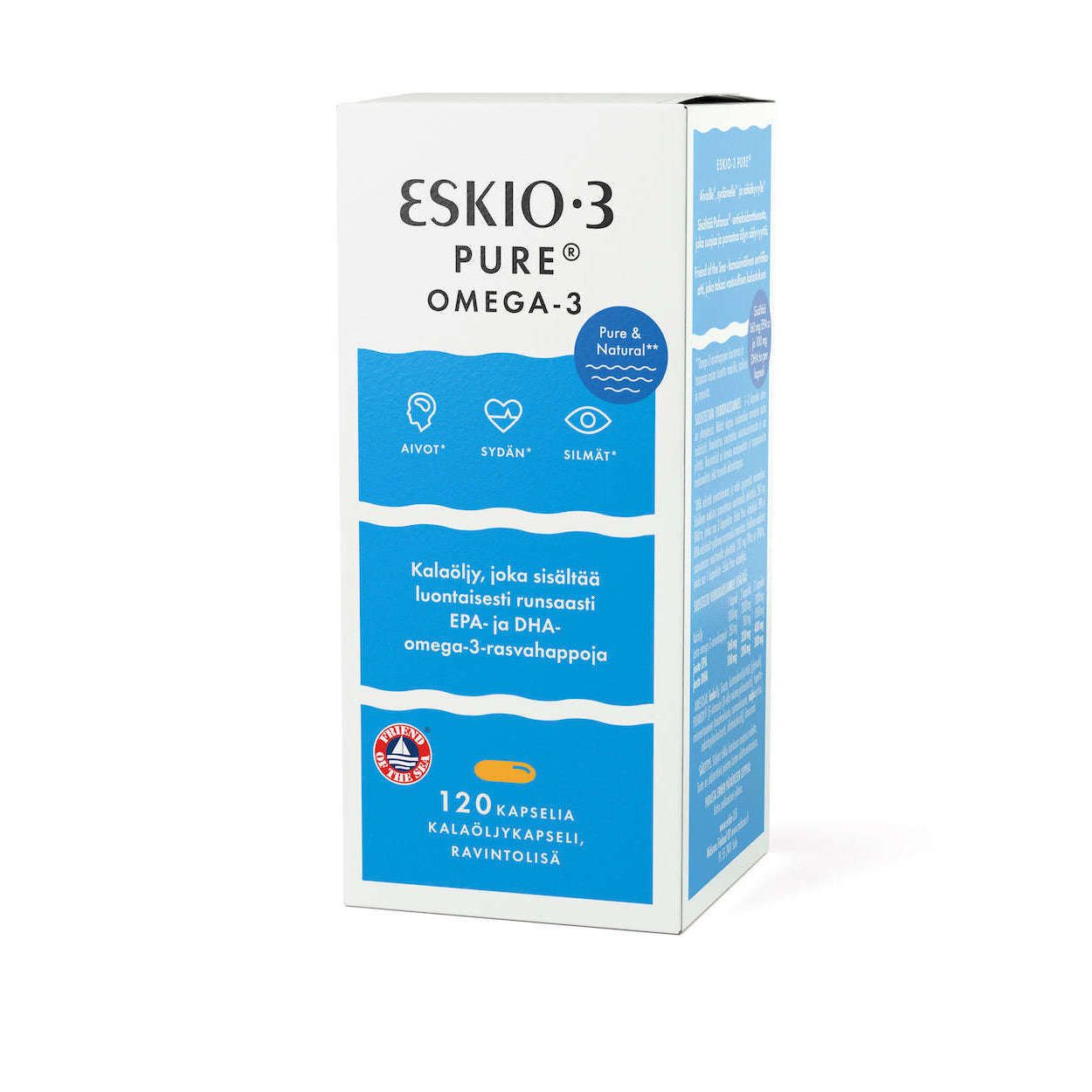 A white and blue box of Eskio-3 Pure Fish Oil Capsules, rich in omega-3 for heart, brain, and eye health. The 120-capsule box from brand Eskio-3 features Finnish text and health icons on the packaging.