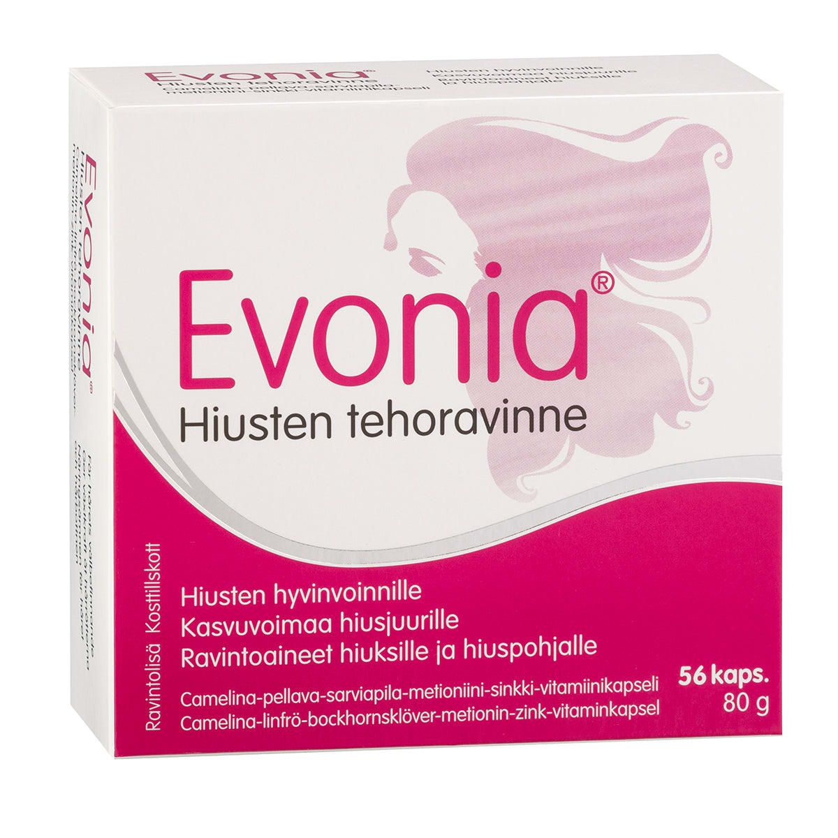 A box of Hankintatukku Evonia contains 56 omega-3 capsules, formulated in Finland to support scalp health and help prevent hair loss; the pink packaging features a woman's silhouette with flowing hair.