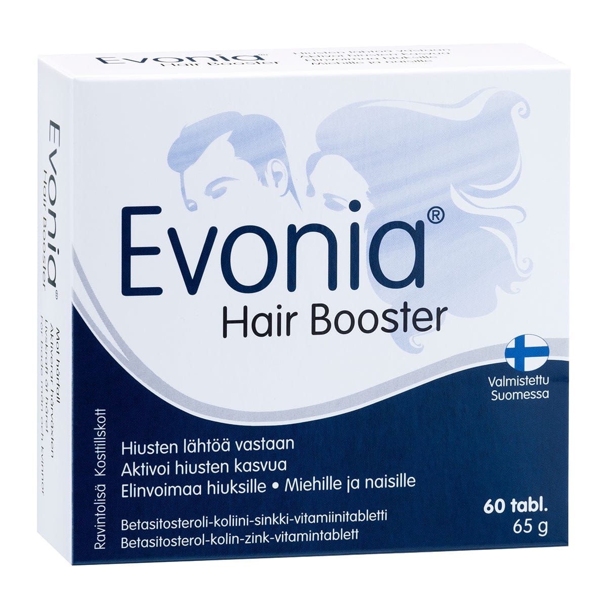 A box of Hankintatukku Evonia Hair Booster tablets, with blue silhouettes of a man and woman, supports hair health and targets male pattern baldness. The box (65g) contains 60 tablets with info in Finnish and English.