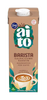 A 1-liter carton of Fazer Aito Oat Drink Barista by Fazer, designed for coffee. The packaging features oat stalks, coffee beans, a latte art cup on a brown and teal background, and is labeled vegan.