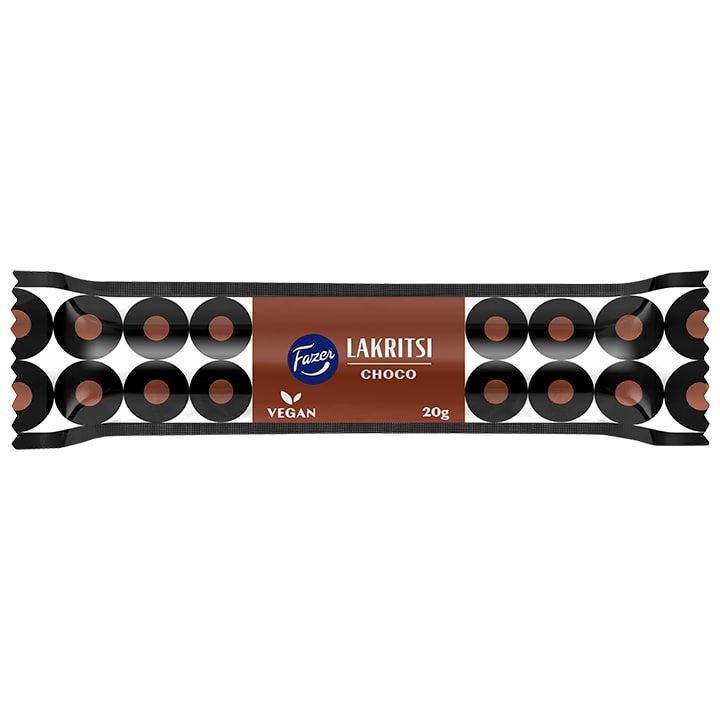 The Fazer Choco Liquorice Stick by Fazer comes in black and brown vegan packaging (20g), featuring images of round liquorice chocolate treats with creamy centers.