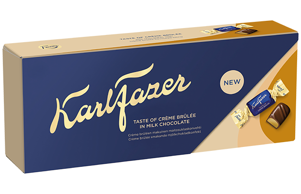 A box of Karl Fazer Creme Brûlée in Milk Chocolate, featuring a navy blue and beige design with gold lettering and an illustration of wrapped chocolate pieces.