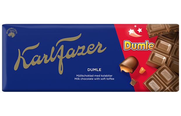 Fazer Dumle Milk Chocolate by Fazer features soft toffee in milk chocolate, wrapped in blue and red packaging with gold lettering and the classic Dumle logoâa delicious Finnish chocolate treat.