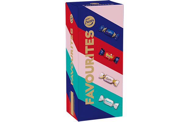 Fazer Favourites candy box with colorful design on a white background