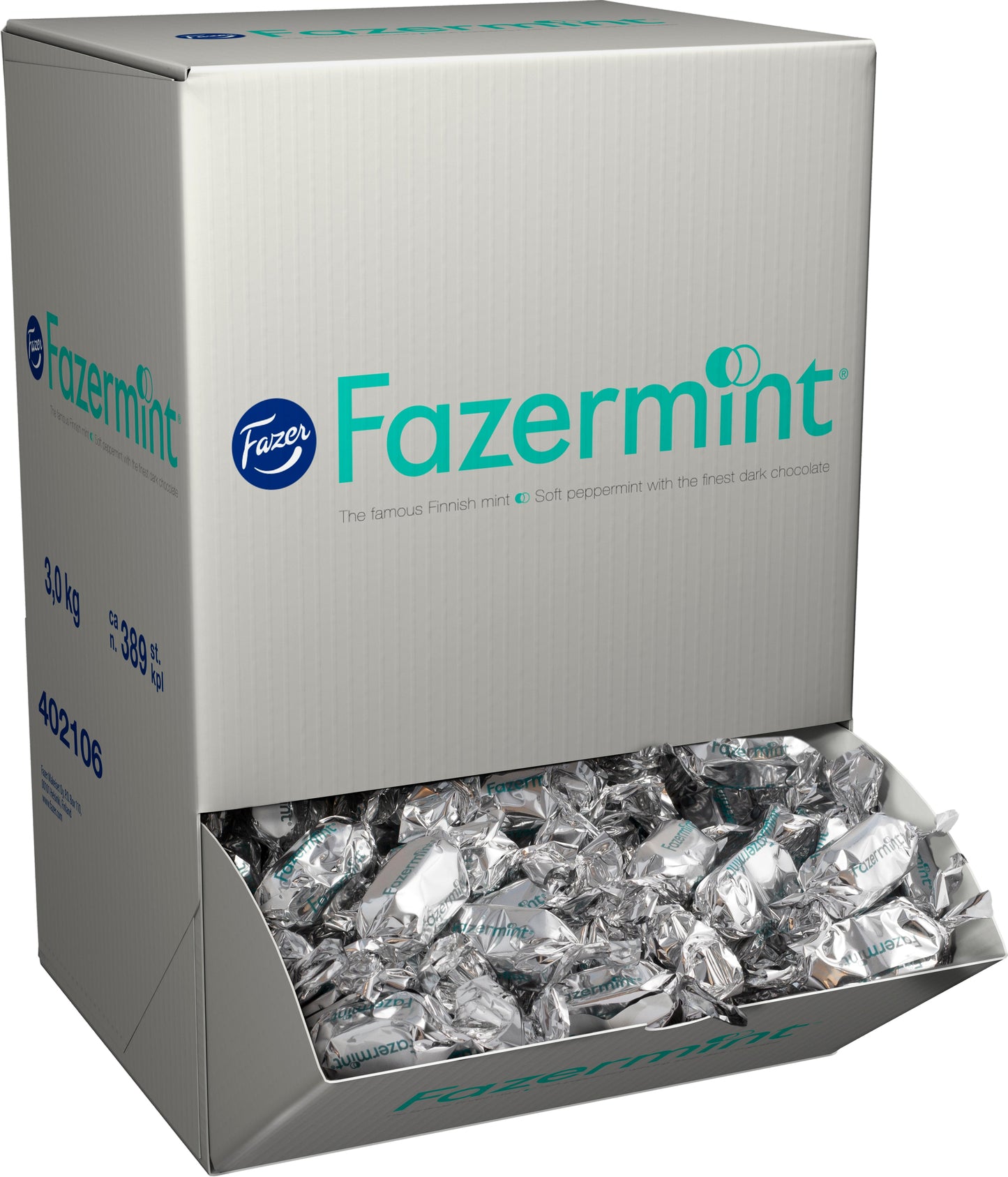The Fazer Fazermint Praline Big Box by Fazer contains silver-wrapped chocolates filled with smooth peppermint cream and coated in rich dark chocolate, packaged in a large box labeled with the Fazermint logo and product details.