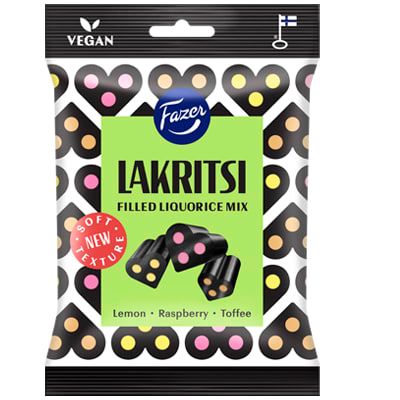 Fazer Filled Liquorice Mix by Fazer comes in black and white packaging with colorful candy illustrations, heart-shaped sweets in lemon, raspberry, and toffee flavors, plus vegan and Finnish flag symbols.