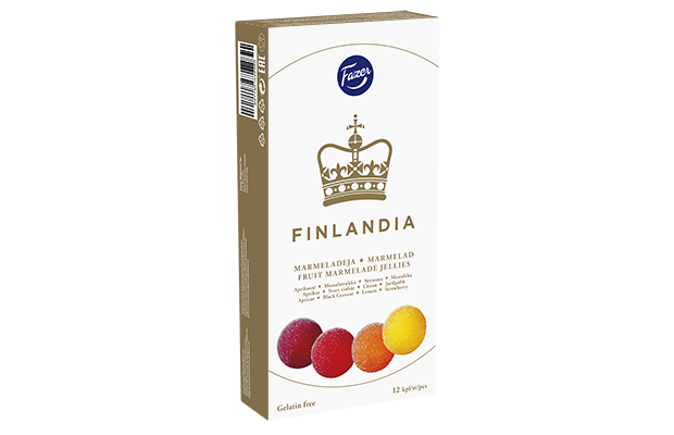 A rectangular white box of Fazer Finlandia Fruit Marmalade Jellies features the Fazer brand, a gold crown design, colorful fruit jelly images at the bottom, and indicates that it is gelatin-free.