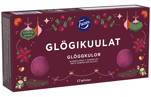 Fazer Glögg Jellies by Fazer come in a festive rectangular box with ornaments, flowers, and berries on a maroon background. Inside are 12 round, purple-red vegan and gluten-free jelliesâperfect for the holidays.