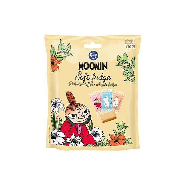A yellow Fazer Moomin Soft Fudge bag features Moomin character art, flowers, and images of individually wrapped Finnish caramel fudge pieces on the front.