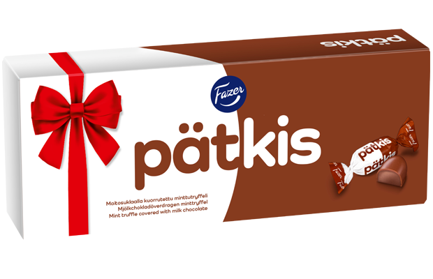 A white box of Fazer Pätkis Praline by Fazer features a red ribbon and bow graphic, with two unwrapped mint truffle chocolates covered in milk chocolate displayed on the right side.