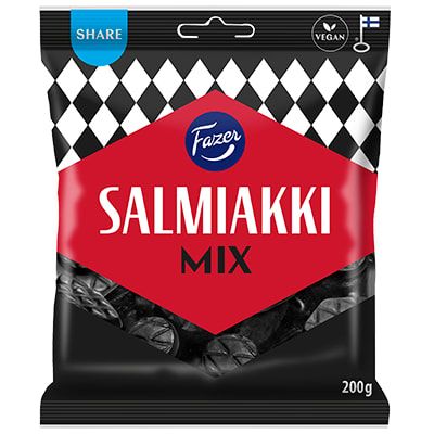 A 200g bag of Fazer Salmiakki Mix vegan salty liquorice candy by Fazer, with black, white, and red packaging, SALMIAKKI MIX text, a vegan label, and a small Finnish flag. Classic Finnish salmiakki taste.