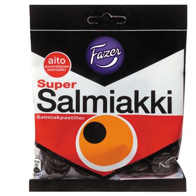 A bag of Fazer Super Salmiak Salty Liquorice pastilles from Fazer, with striking black, white, and red packagingâideal for any Finnish candy lover.