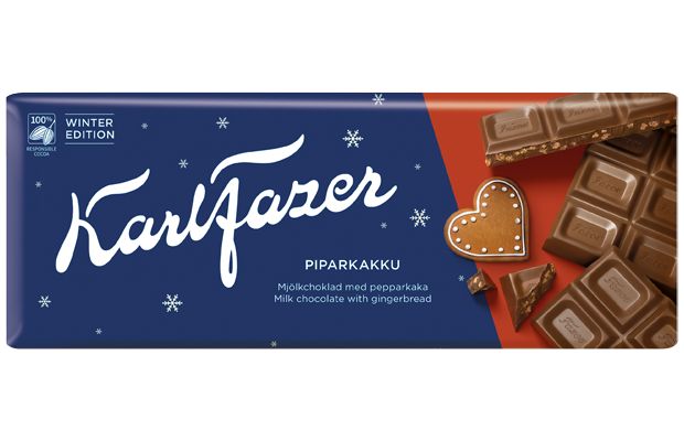 The Fazer Winter Edition Gingerbread chocolate bar wrapper shows a heart-shaped gingerbread cookie, broken chocolate pieces, snowflakes, and festive graphics—making it a perfect seasonal treat from Fazer.