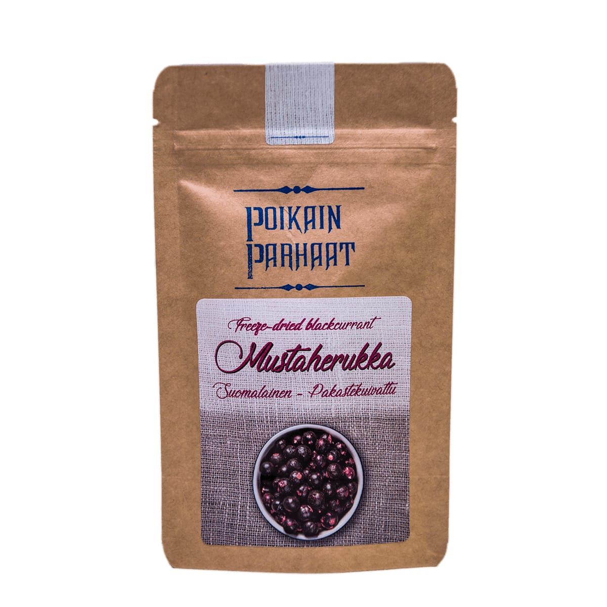 Poikain Parhaat Finnish Freeze Dried Blackcurrant comes in a brown resealable pouch with a white and gray label showing superfood berries and Finnish text, highlighting this vegan snack option.