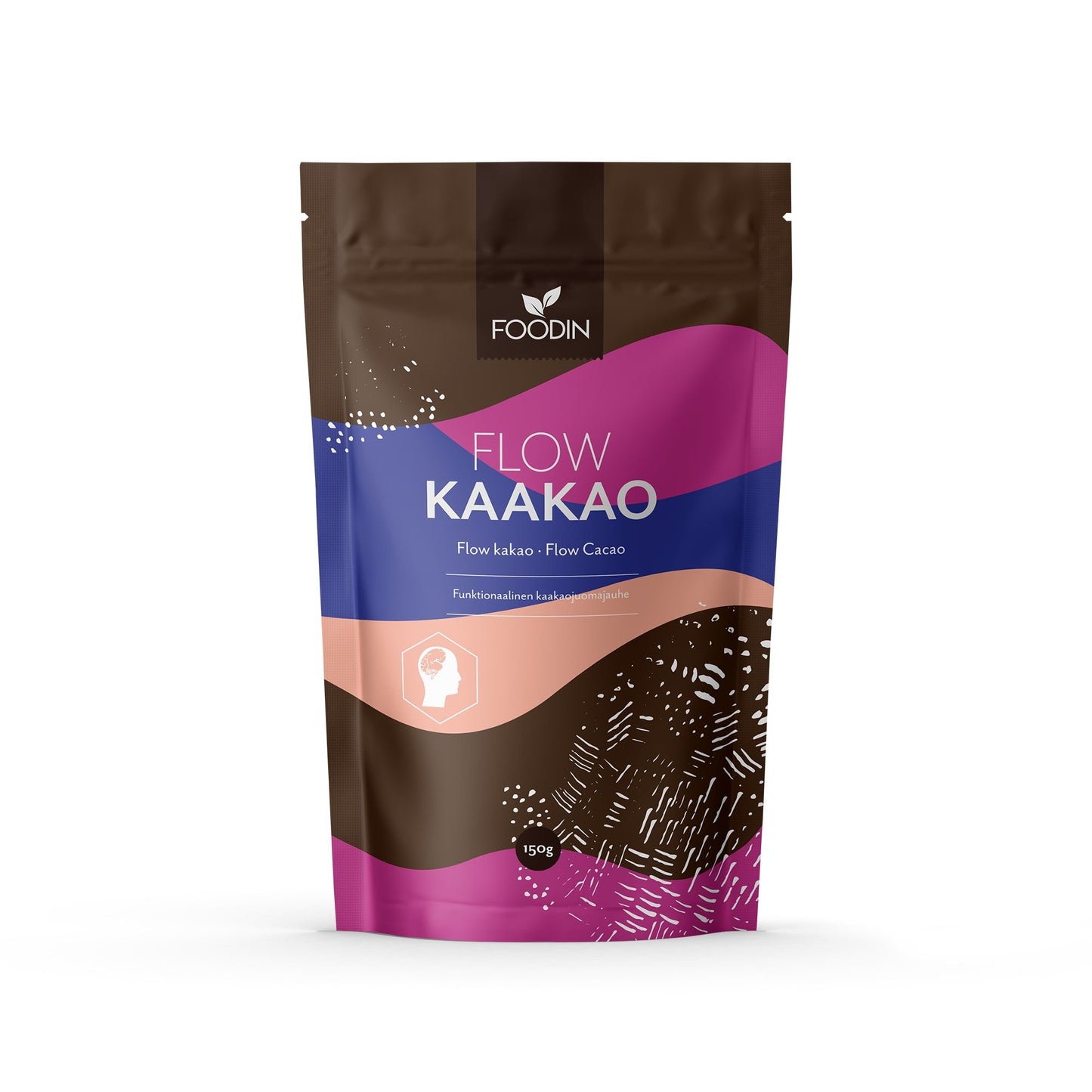 A vibrant resealable pouch labeled Foodin Flow Cacao by Foodin features abstract brown, pink, and blue patterns. The 150g pack promotes a functional cacao drink with Lion’s mane extract and a brain icon for cognitive support.