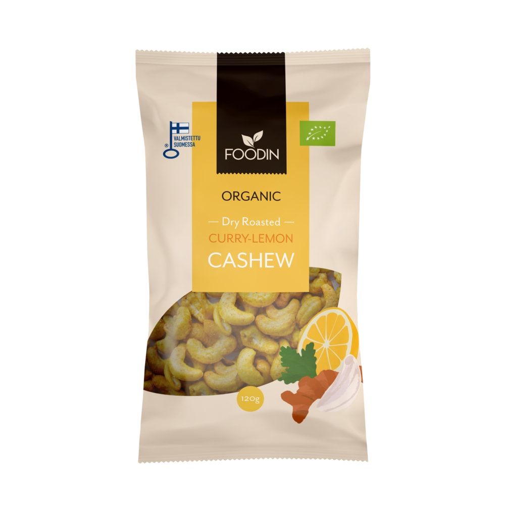 A beige and brown, Finnish-labeled 120g pack of Foodin Organic Curry-Lemon Cashew features images of cashews, lemon slices, and curry spices, offering an exotic organic flavor from the Foodin brand.