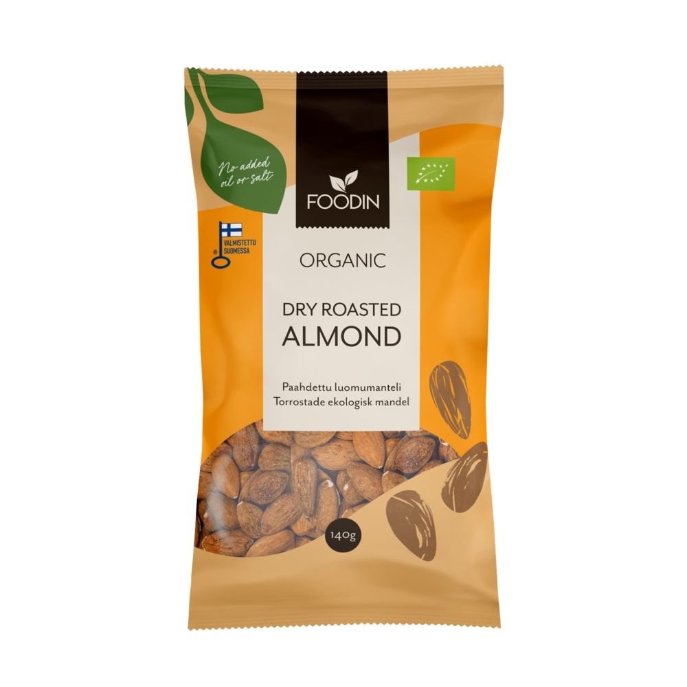 A 140g yellow and brown Foodin Organic Dry Roasted Almond bag features a clear window showing whole almonds, with organic certification and Finnish flag labelsâa healthy snack from Foodin.