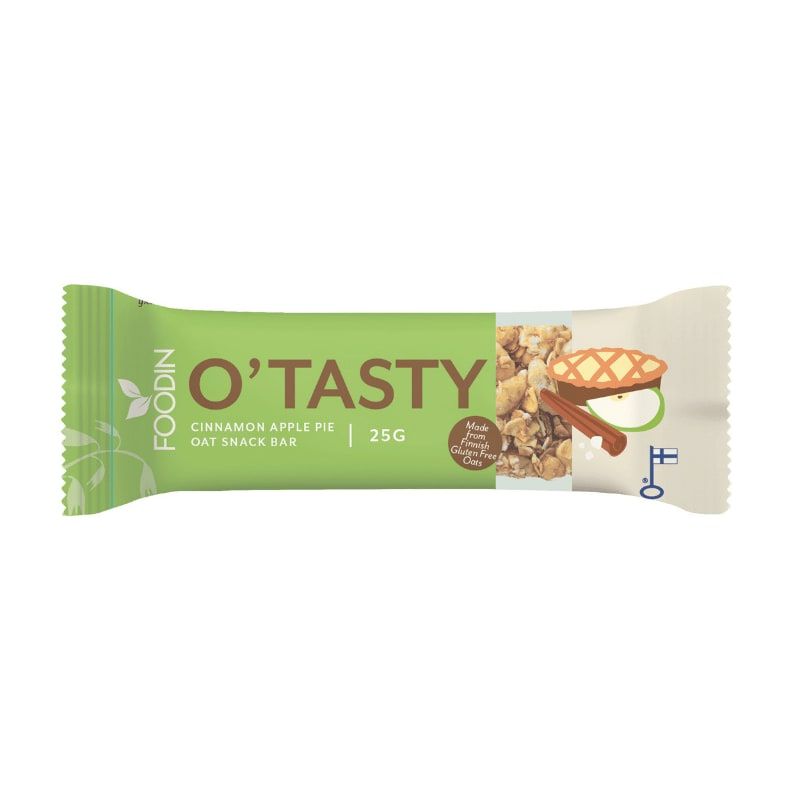 Foodin O`Tasty Oat Bar Cinnamon Apple Pie, 25g, in a green and white wrapper with oat clusters and a cartoon apple pie slice, is a plant-based, gluten-free snack made with Finnish oats.