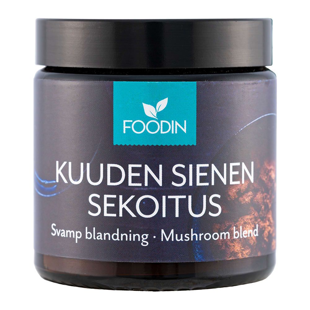 A dark jar labeled Foodin Six Mushroom Mix with a blue leaf logo on top and white subtitle “Svamp blandning · Mushroom blend”; this versatile six mushroom dietary supplement is by Foodin.