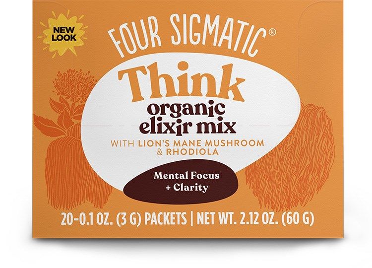 Four Sigmatic Instant Lions Mane, a cognitive support elixir from Four Sigmatic, blends Lion’s Mane mushroom extract and Rhodiola to help with mental focus and clarity. The orange box displays botanical artwork and emphasizes Mental Focus + Clarity.
