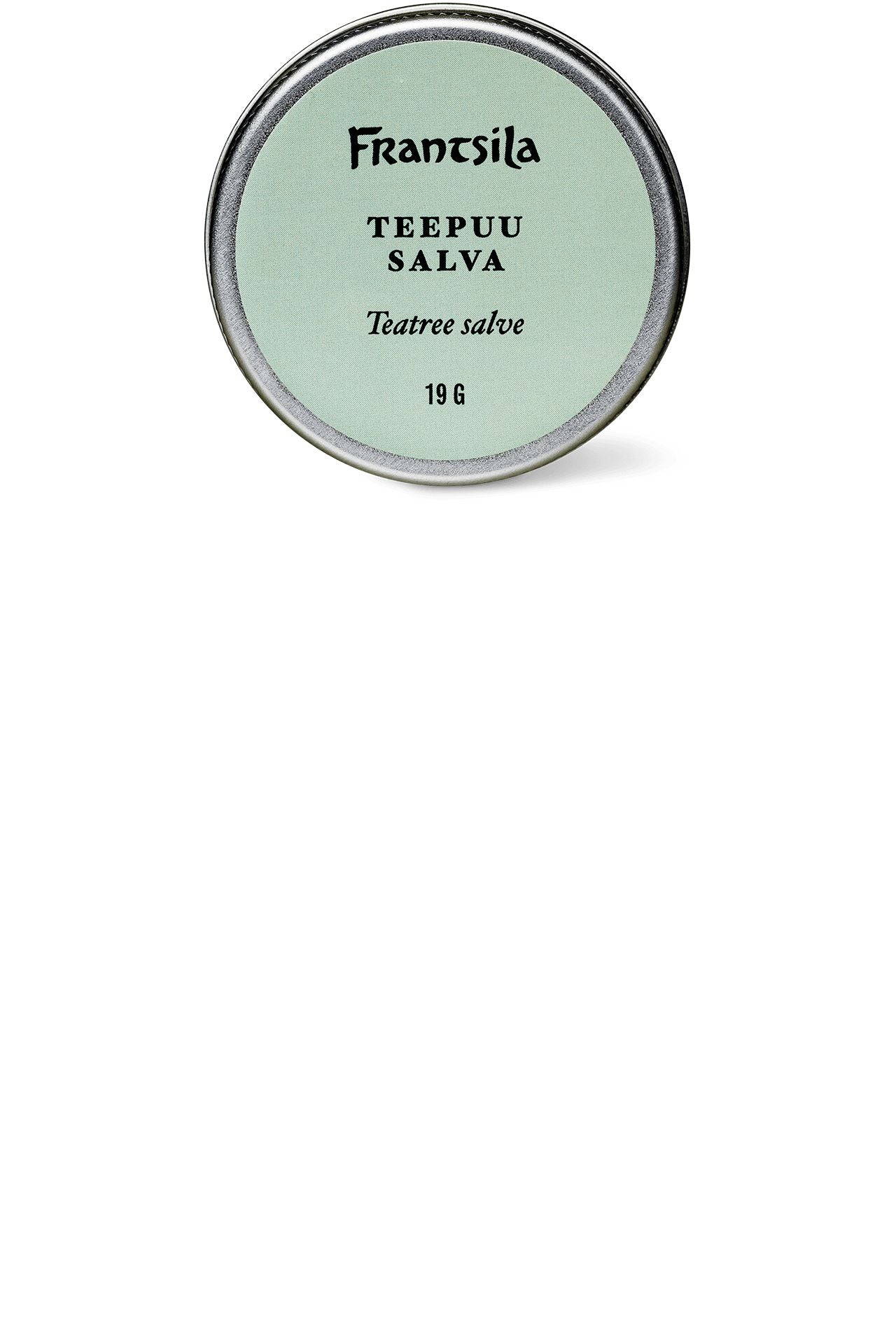 A round tin labeled Frantsila Tea Tree Salve (19g) with a light green lid is shown on a white background—an ideal option from Frantsila for natural antimicrobial skincare.