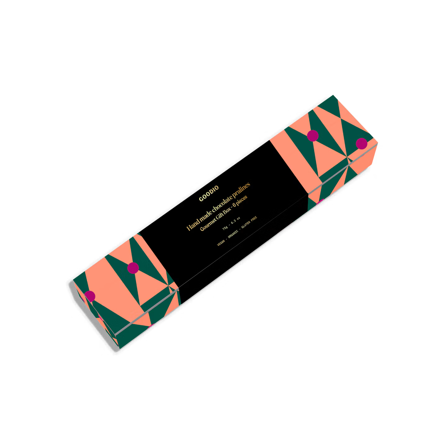 A rectangular cosmetic box with a black center panel and geometric patterned ends in peach, dark green, and magenta, shown on a plain white background. The printed text includes the brand name 'Gorilla' and product text for hand/female hand cream.