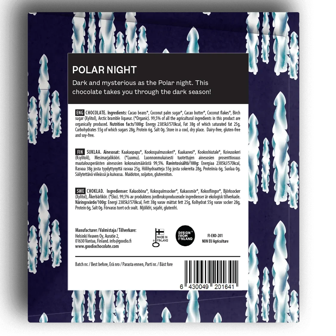 The back of a chocolate bar package labeled 'POLAR NIGHT' by Good Foodie Finland, featuring a dark navy background with white polar bear illustrations and product information text.