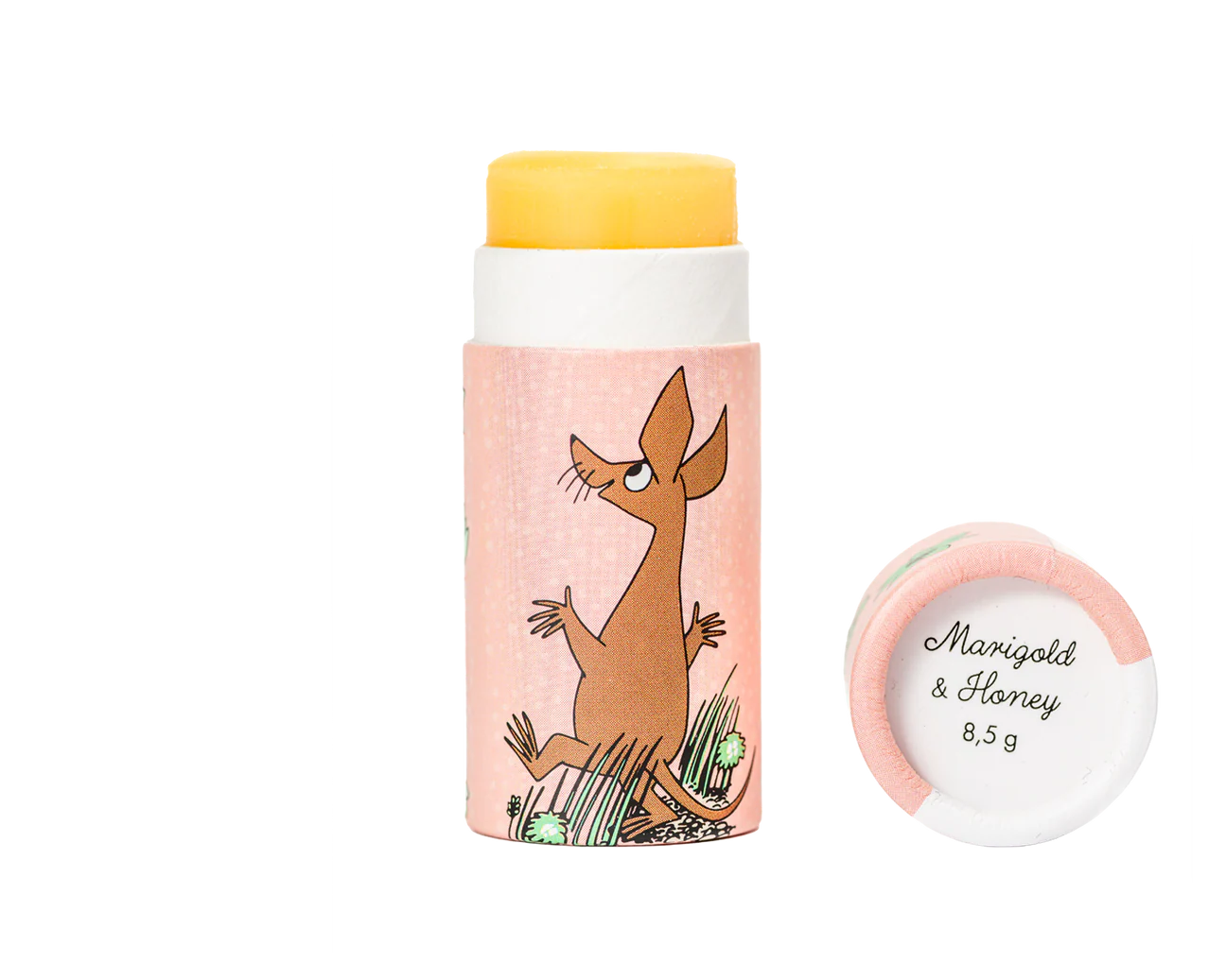 A tube of Gustaf & Linnea Moomin Lipbalm Sniff with a cartoon mouse on a pink label, its white cap open beside it, displaying "Marigold & Honey, 8.5g.