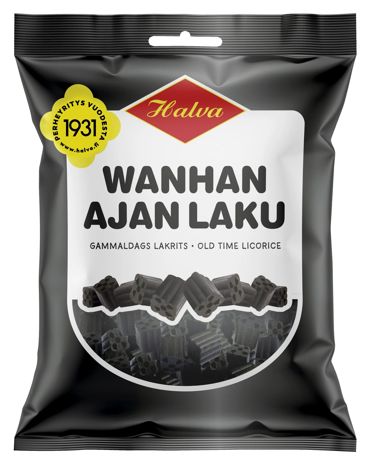 A black bag of Halva Old Time Licorice features images of licorice pieces, a yellow 1931 badge, and multilingual text, showcasing this traditional Halva brand treat.
